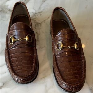 Gucci Brown Crocodile Pattern Loafers with Gold Accents